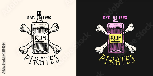Pirate rum on a background of bones logo. Marine and nautical or sea, ocean emblem for sticker or t-shirt. Engraved hand drawn, old label or badge.