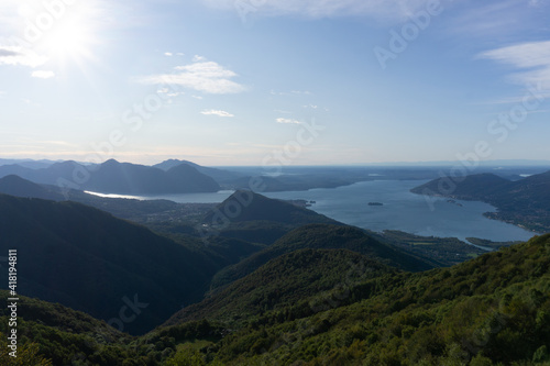 Lake maggiore and lake mergozzo seen from the mountains of val d ossola during a summer day  near the town of Mergozzo  italy - September 2020.