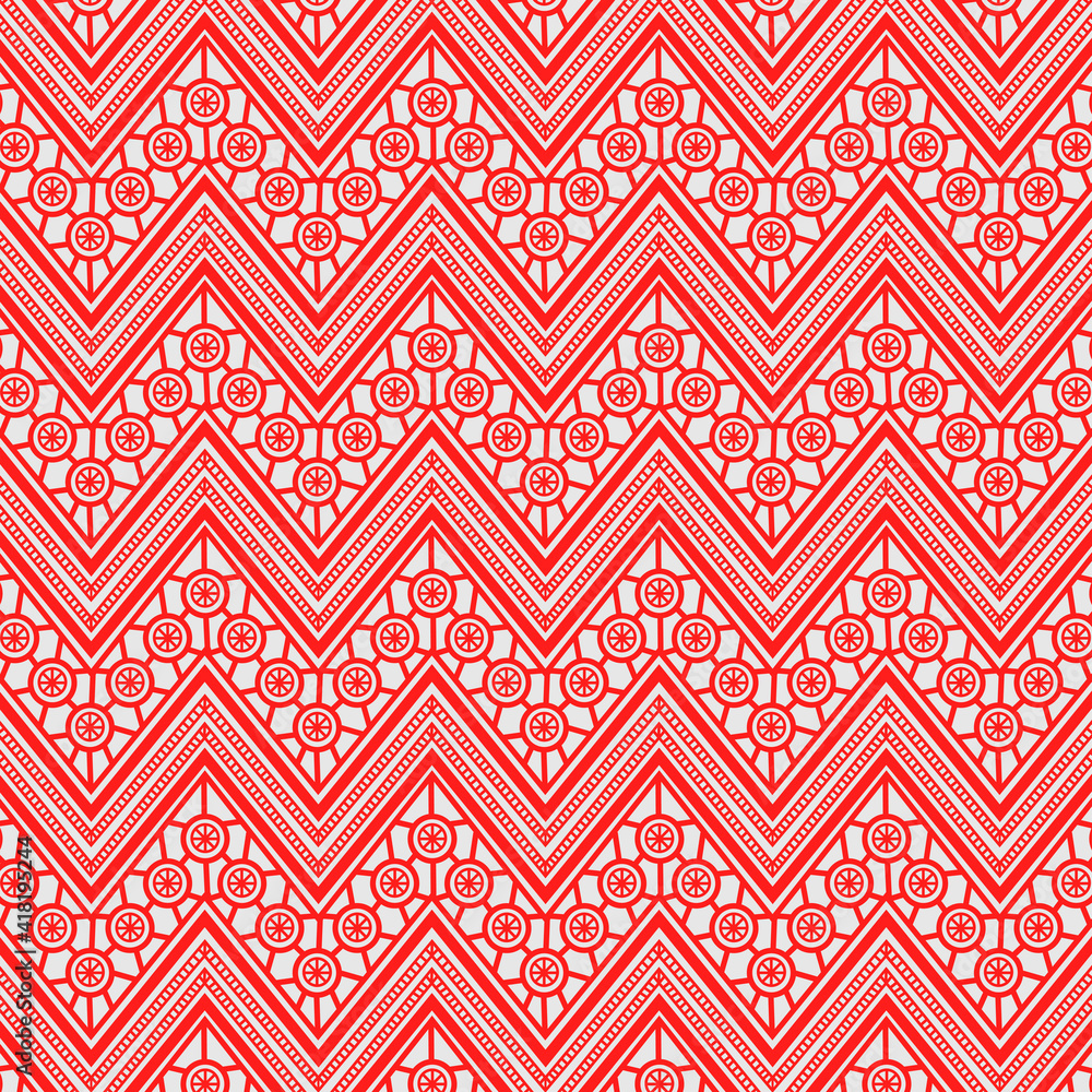 Red geometric ornament in folk style. Seamless patterns. Red geometric ornament in folk style. Seamless patterns.