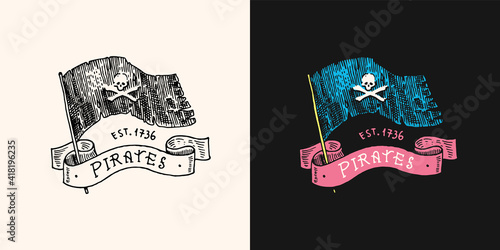 Pirate Skull Flag logo. Jolly roger or Corsair. Marine and nautical or sea, ocean emblem. Engraved hand drawn, old label or badge.