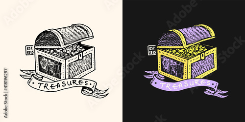Pirate treasure chest logo. Marine and nautical or sea, ocean emblem for sticker or t-shirt. Engraved hand drawn, old label or badge.