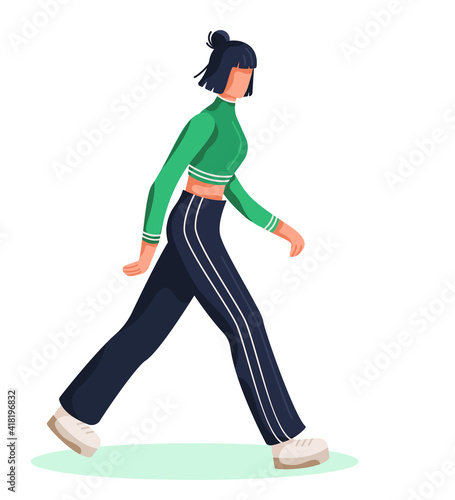 vector illustration, girl walking, athlete in blue-green tracksuit, brisk walking, wide step
