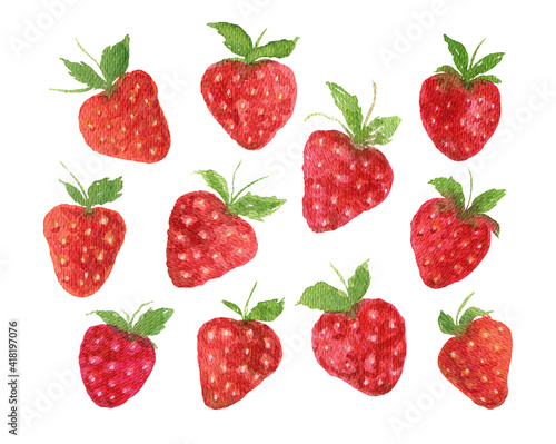 Set of bright watercolor strawberries illustration. Collection of cute hand drawn red berries with green leaves for pattern design, stickers