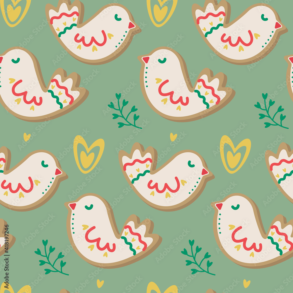 Seamless pattern with birds. Easter elements on green background
