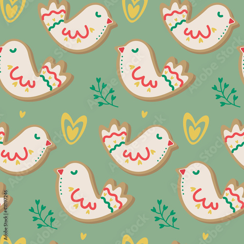 Seamless pattern with birds. Easter elements on green background