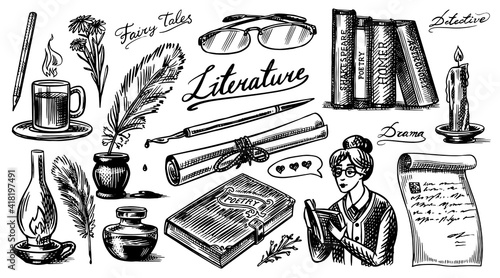 Literature set. Ink and pen, typewriter, coffee and lamp, stack of books and teacher, School essay, Written work. Vintage retro signs. Doodle style. Engraved Hand drawn sketch.