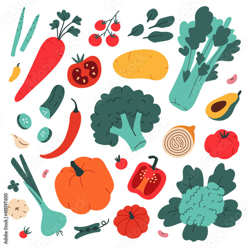 Vegetables collection, food ingredients, simple modern art, broccoli, avocado and celery, healthy eating, agricultural fruits, collection of cliparts, vector illustration isolated
