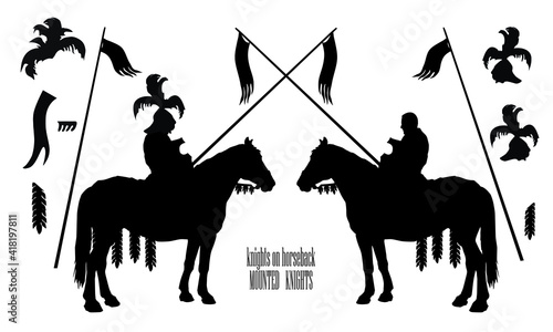 a set of details for a medieval knight, silhouettes of two mounted knights isolated on a white background