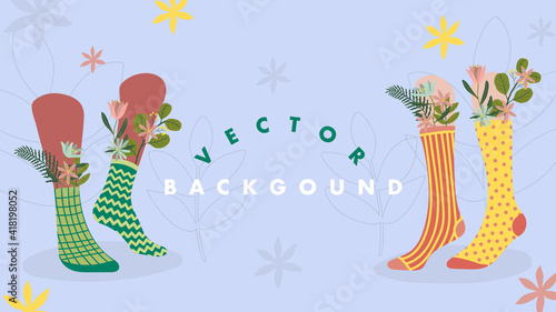Diseño vectorial de plantilla horizontal con estilo moderno, infantil, lineal y minimalista de calcetines disparejos con flores.