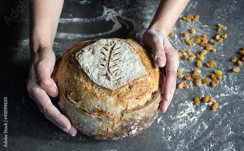 Top view photo of a table. Round sourdough bread  made of rye grain, navy blue kitchen towel, woman's hands holding bread. Homemade bread recipes.  
