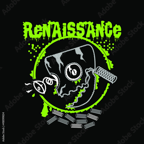 Text of renaissance with a zombie robot skull. T- shirt Design Concept. photo