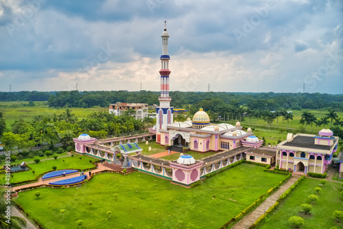 Aerial view of Baitul Aman Jame Masjid, a beautiful islamic mosque complex in Wazirpur, Barisal district, Bangladesh.