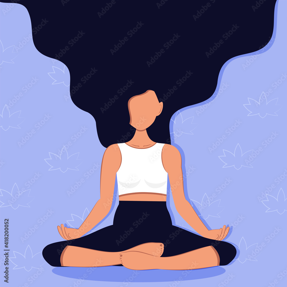 Vector. Cartoon girl with a slender figure in the lotus position, yoga, hair fluttering. Background design for print, social media, banners, invitations, covers, flyers, brochures, start page. Vector. Cartoon girl with a slender figure in the lotus position, yoga, hair fluttering. Background design for print, social media, banners, invitations, covers, flyers, brochures, start page.