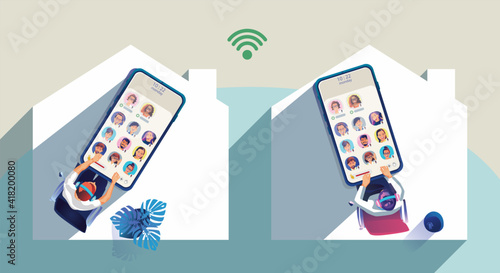 People use headphones listens to a smartphone, screen show status of people using social networking applications, Club, house Drop in Audio, learning or meeting online, Vector illustration, Flat