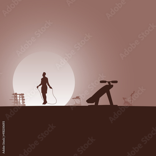young male athlete skipping rope at gym with equipment in the brown gradient shade background illustration vector.