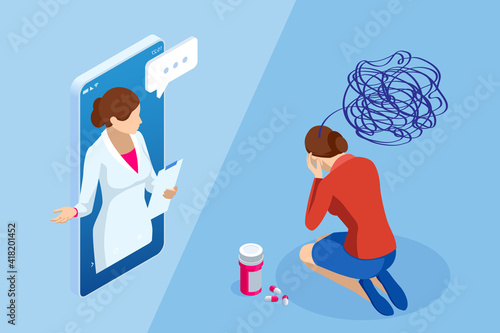 Isometric Depressed women. Online psychotherapy. Psychology, health, care, depression, frustration, medicine concept. Psyhology mental problems, depression panic attacks, paranoia anger control