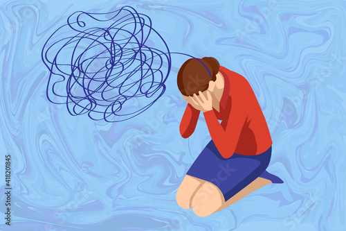 Isometric Depressed women. Psychology, health, care, depression, frustration, medicine concept. Psyhology mental problems, depression panic attacks, paranoia anger control