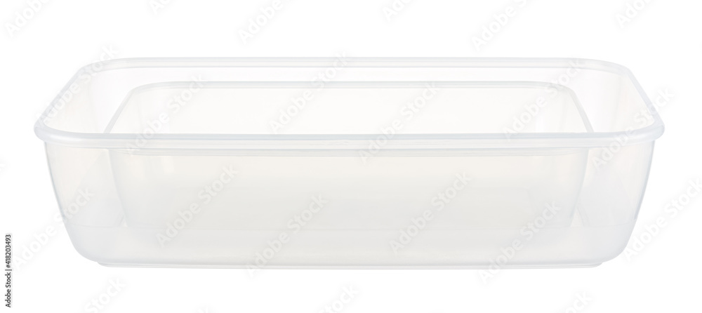 Two empty different size transparent plastic food containers without lids in stack isolated on white background Two empty different size transparent plastic food containers without lids in stack isolated on white background
