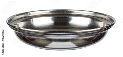 Empty shallow stainless steel bowl isolated on white background