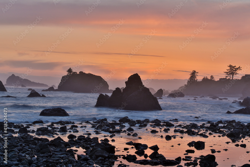 Sunset and sea stacks along Northern California coastline, Crescent City