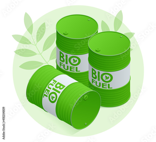 Isometric Biofuel barrels with biofuel. Green energy. Save the earth, ecology, alternative energy.