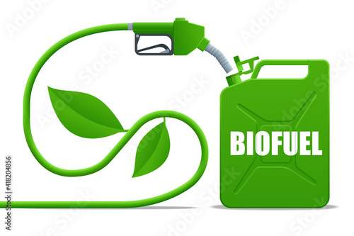 Biofuel barrels with biofuel. Gas pump nozzle and Green jerrycan. Green energy. Save the earth, ecology, alternative energy.