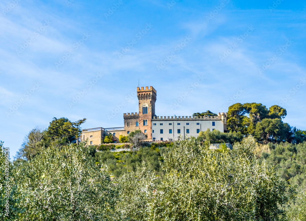 Magona Castle, built at early 16th century for Leopold II, Grand Duke of Tuscany, on a hillside above Venturina Terme, municipality of Campiglia Marittima, province of Livorno, Tuscany region, Italy