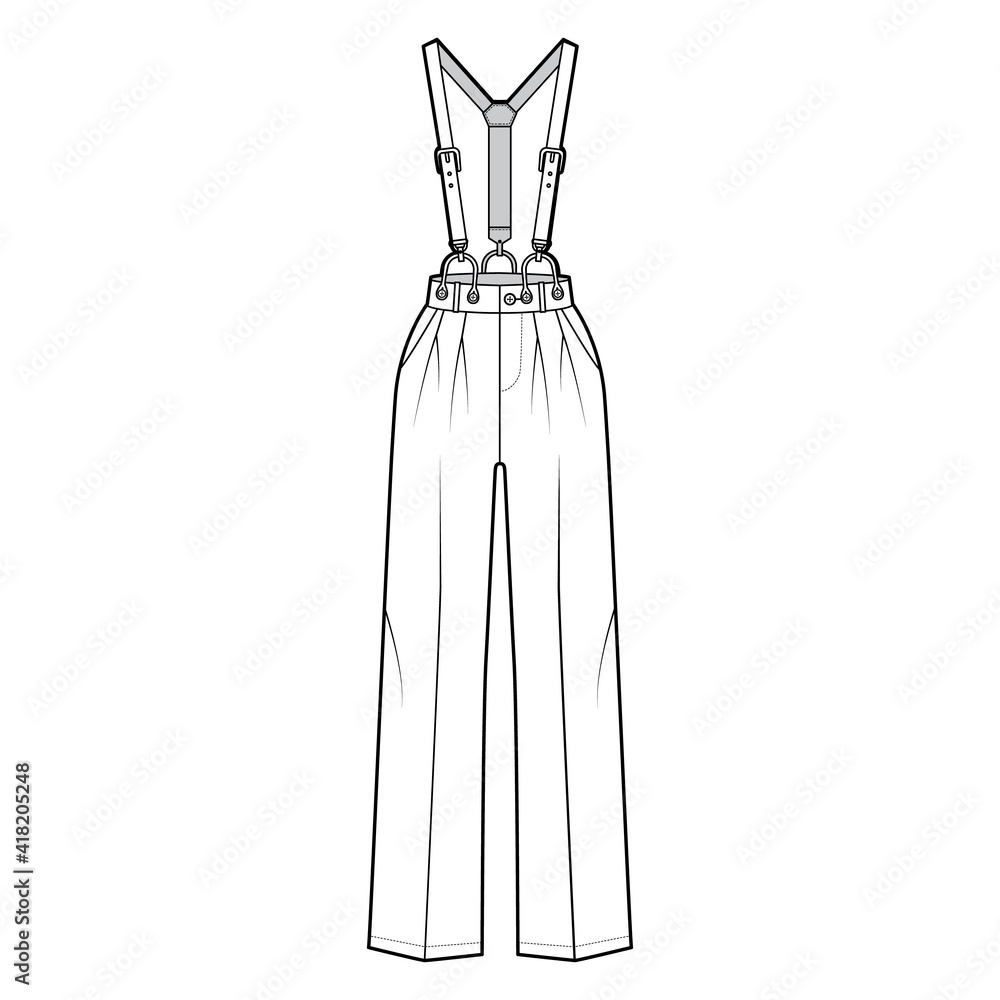 Suspender Pants Dungarees technical fashion illustration with full length, normal waist, high rise, pockets. Flat apparel garment bottom front, white color style. Women, men unisex CAD mockup Suspender Pants Dungarees technical fashion illustration with full length, normal waist, high rise, pockets. Flat apparel garment bottom front, white color style. Women, men unisex CAD mockup