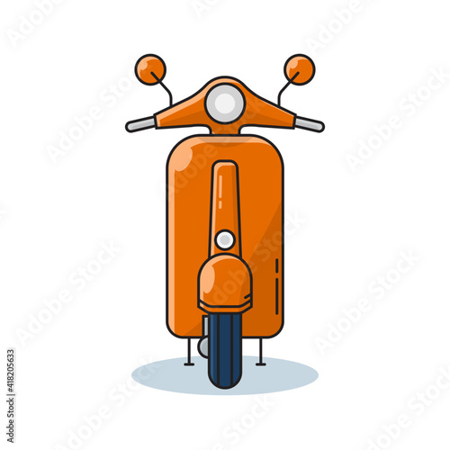 old vintage scooter motorcycle with orange color, front view, vector illustration