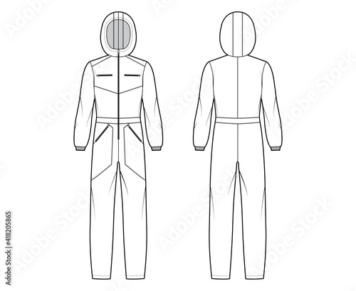 Ski jumpsuit overall jumpsuit technical fashion illustration with full length, normal waist, hood, zipper closure, high rise. Flat Dungaree front back, white color style. Women, men unisex CAD mockup