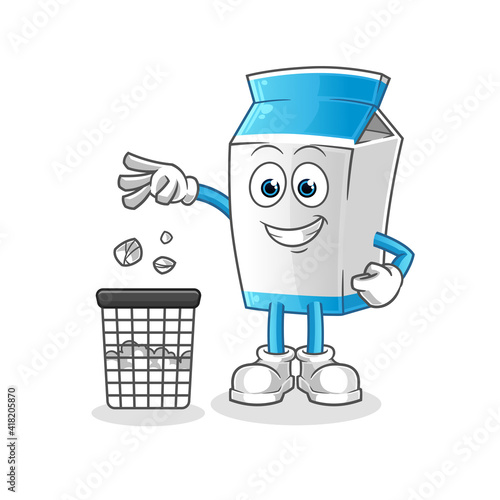 milk Throw garbage in trash can mascot. cartoon vector