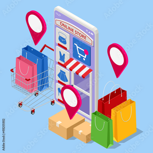 Isometric Smart phone online shopping, clothing store concept. Online shopping e-commerce. Modern shopping app on smart phone. Buying clothes on web site or app.