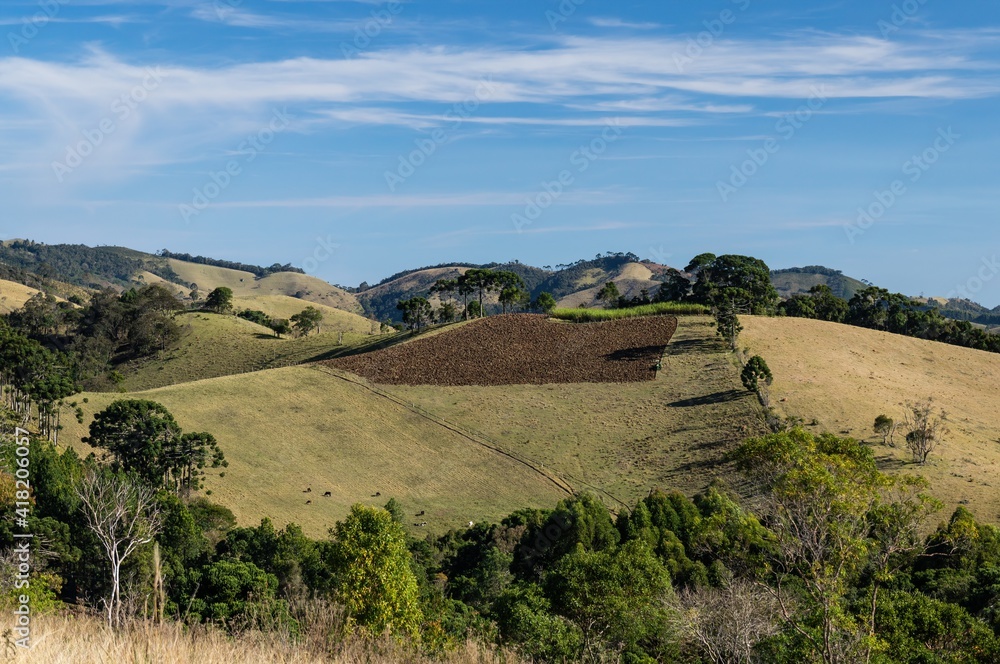 Fototapeta premium Agricultural fields used for plantation and pasture fields for farming cattle on the mountainous landscape of Cunha at the south side of O Contemplario farm.