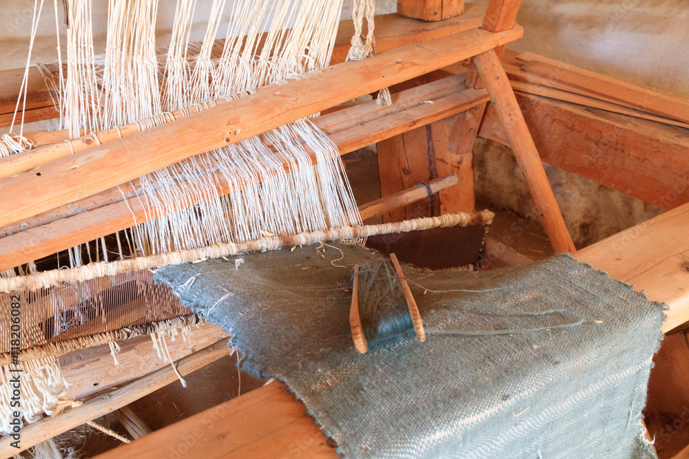 USA, California, Santa Barbara. Weaving on an old loom. USA, California, Santa Barbara. Weaving on an old loom.