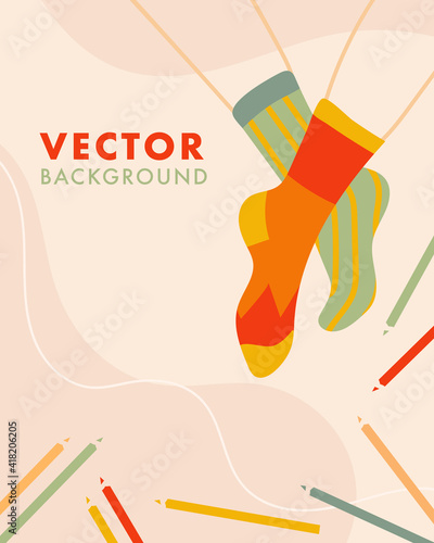 Plantilla vertical de diseño vectorial infantil en estilo minimalista, moderno y lineal de calcetines disparejos y crayones, con espacio para texto.