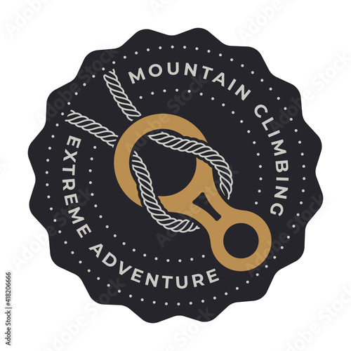 Vector circle mountain climbing emblem. Circle logo with text and symbol figure of eight and rope. Isolated on white background.