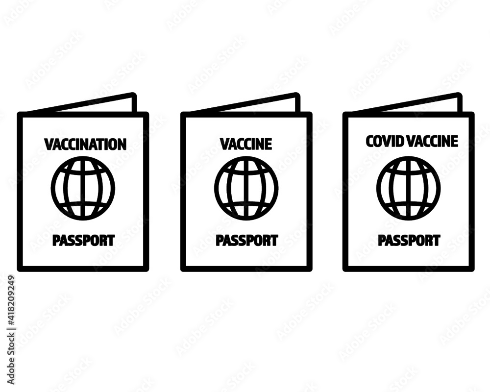 Vaccine passport vector flat design - Passport with mark of immunity and vaccination from Covid-19 for safe travel after global pandemic of Coronavirus.