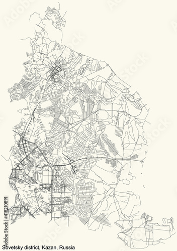 Black simple detailed street roads map on vintage beige background of the quarter Sovetsky district (raion) of Kazan, Russia