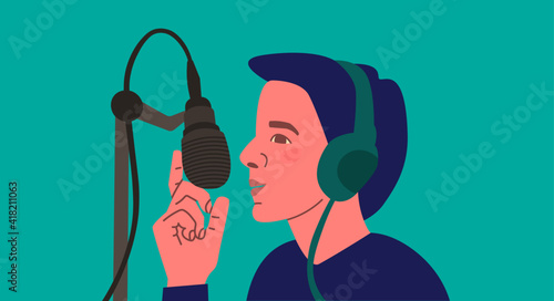 A man or a young guy with a microphone, wearing headphones. Vector flat illustration of podcaster streamer.