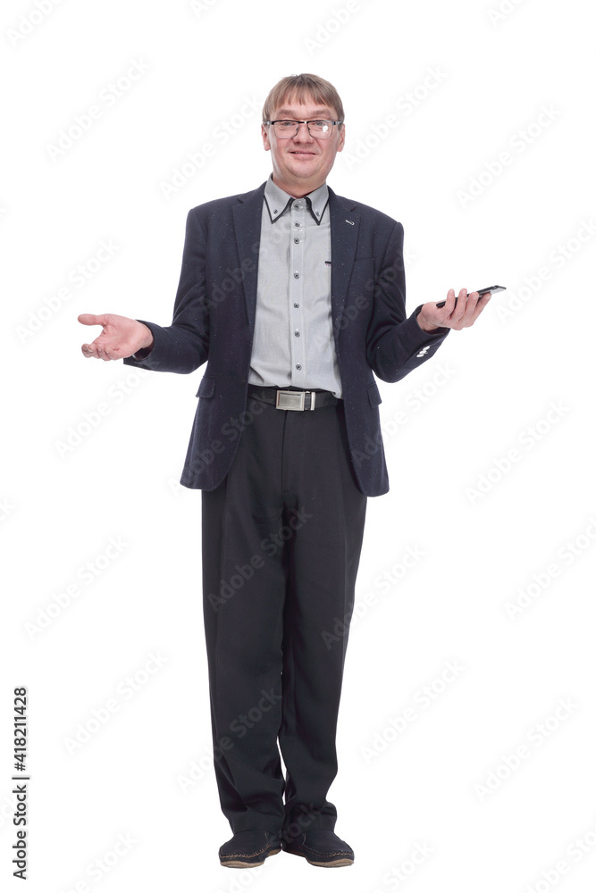 friendly man with a smartphone looking at you. isolated on a white background. friendly man with a smartphone looking at you. isolated on a white background.