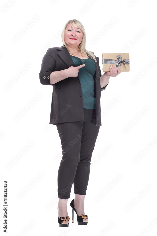 attractive mature woman with gift box. isolated on a white background. attractive mature woman with gift box. isolated on a white background.