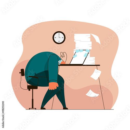 Vector flat illustration with worker, businessman, manager tired at workplace in office. Concept burnout syndrome, planning, fatigue, abnormal working hours. It can be used in web design, banners.