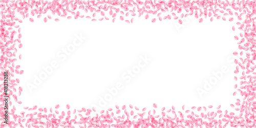 Sakura petals falling down. Romantic pink silky small flowers. Thick flying cherry petals. Wide scat
