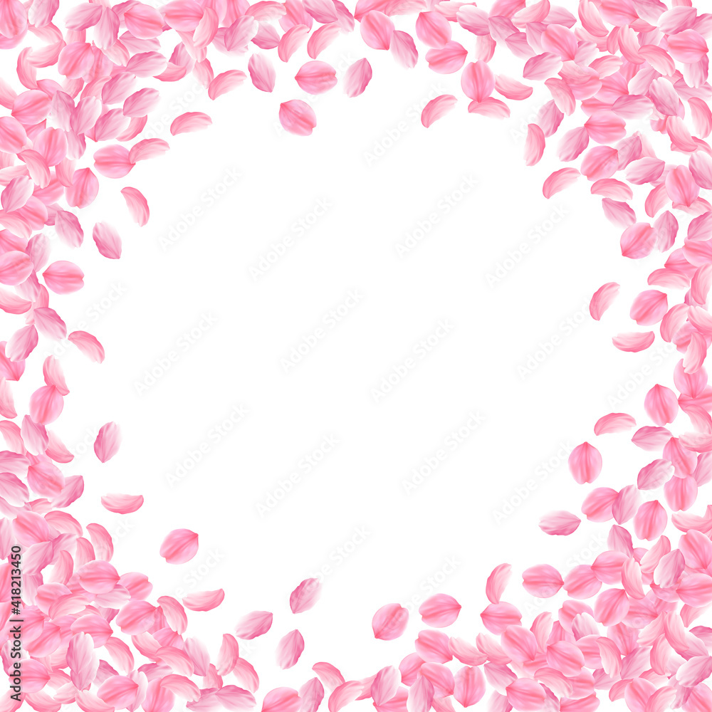 Sakura petals falling down. Romantic pink bright medium flowers. Thick flying cherry petals. Circle