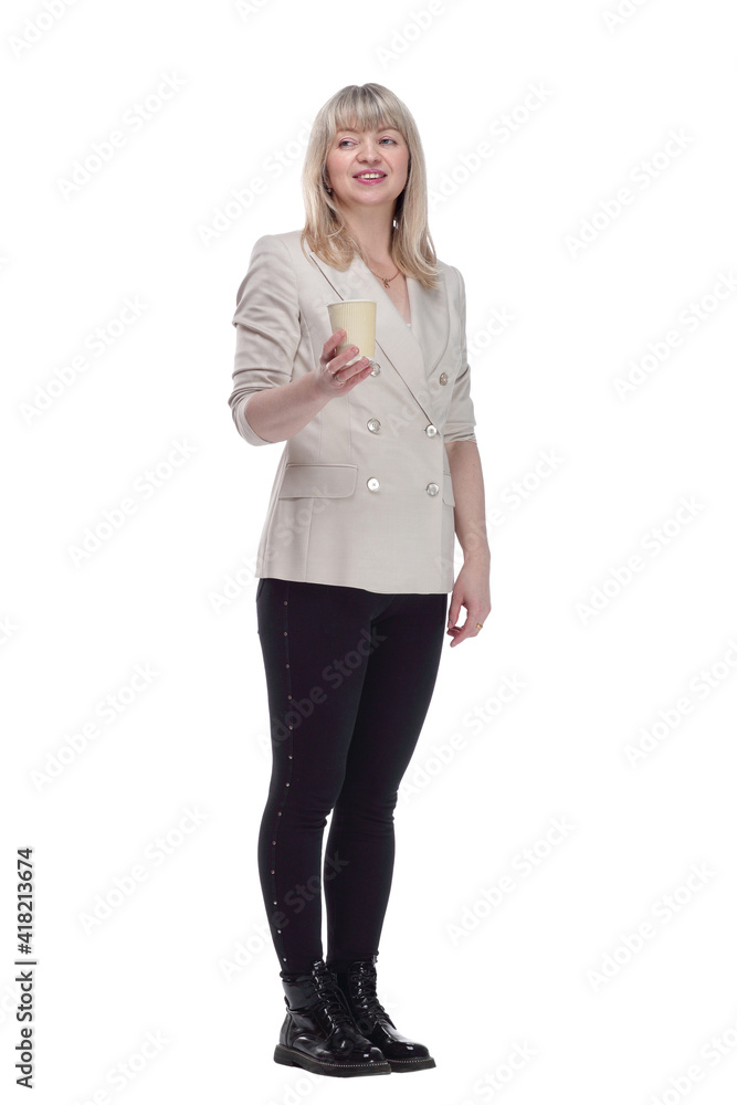 casual adult woman with takeaway coffee . isolated on a white background. casual adult woman with takeaway coffee . isolated on a white background.
