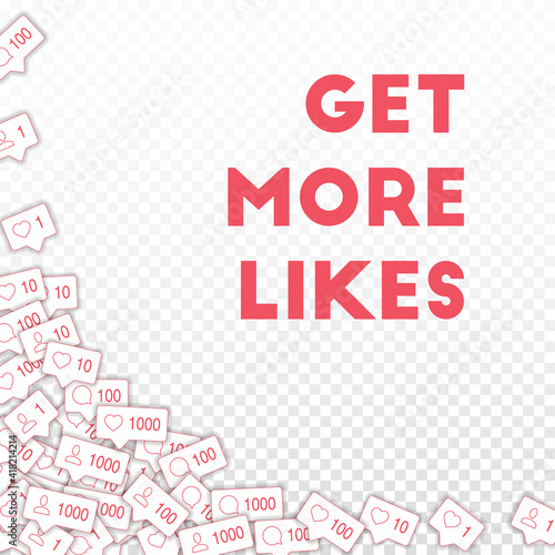 Social media icons. Get more likes concept. Falling counter comment friend notification. Delightful