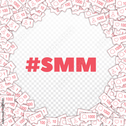 Social media icons. Smm concept. Falling counter comment friend notification. Corner frame elements