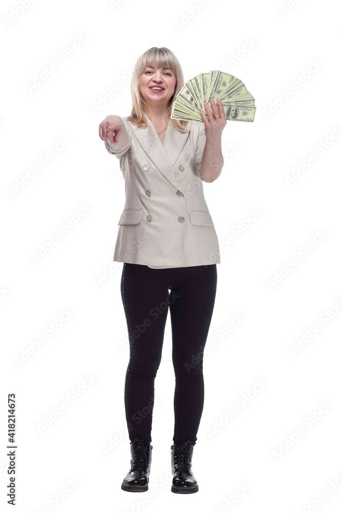 happy woman with banknote looking at you. isolated on white background. happy woman with banknote looking at you. isolated on white background.