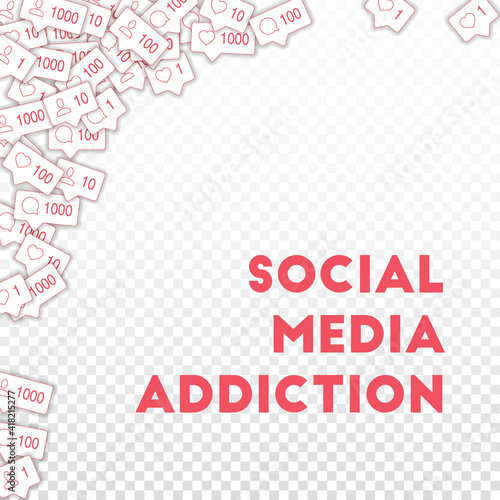 Social media icons. Social media addiction concept. Falling counter comment friend notification. Exc