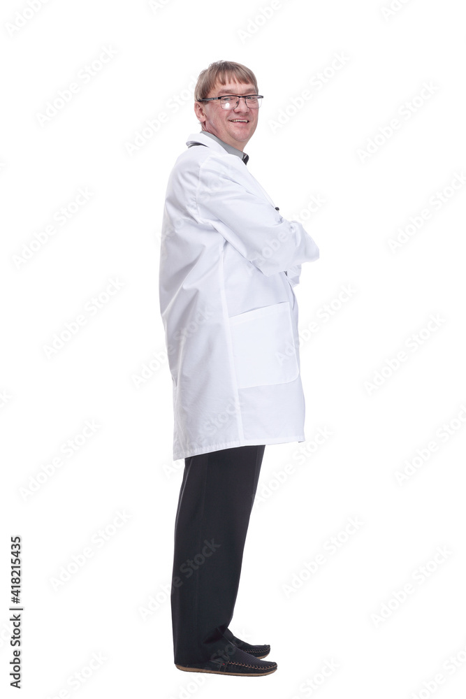 Mature doctor with a stethoscope looking at a white screen. Mature doctor with a stethoscope looking at a white screen.